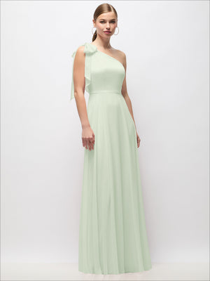 Sage draped one-shoulder maxi dress with scarf bow and gathered waist.