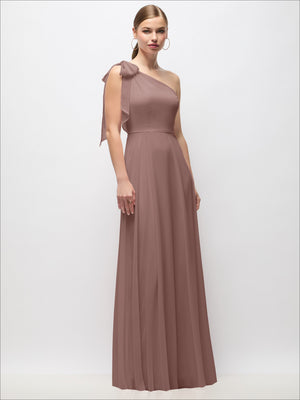 Draped one-shoulder maxi dress in mauve pink with scarf bow detail