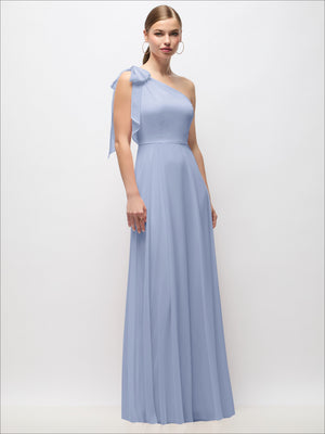 Dusty blue draped one-shoulder maxi dress with scarf bow detail
