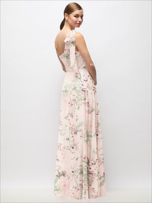 Pink floral one-shoulder draped maxi dress with tied scarf bow at back