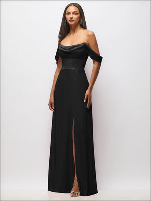 Black chiffon corset maxi dress with off-shoulder swags, sweetheart neckline, leg slit