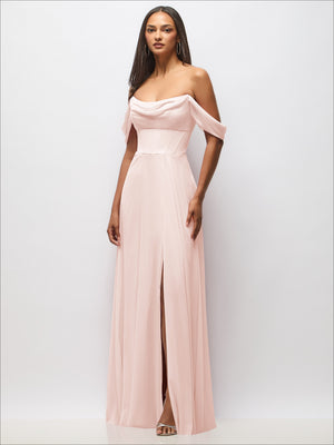 Blush chiffon corset maxi dress with removable off-the-shoulder swags, front slit