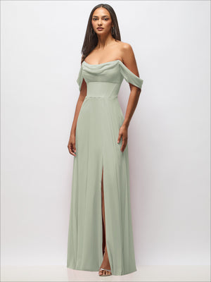 Chiffon corset maxi dress with off-the-shoulder draped neckline, sage green