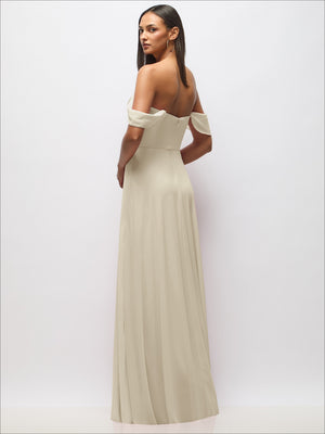 Ivory chiffon corset maxi dress with draped off-the-shoulder swags and flowing long skirt