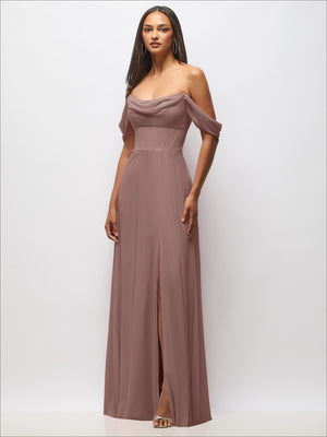 Mauve chiffon corset maxi dress with removable off-the-shoulder swags and side slit