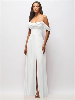 White chiffon corset maxi dress with removable off-the-shoulder swags and long front slit