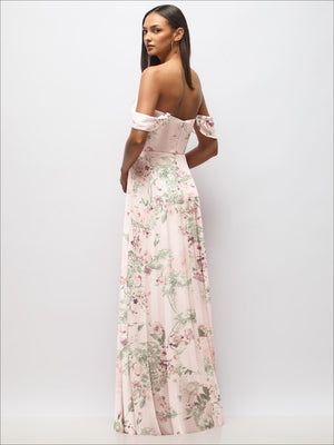 Blush floral chiffon corset maxi dress with off-shoulder swags, fitted corset, long skirt