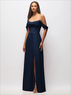Navy chiffon maxi dress with corset bodice, draped off-shoulder swags, front slit