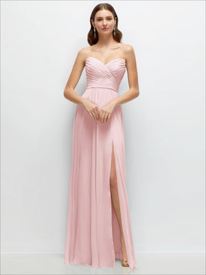 Blush pink strapless chiffon maxi dress with ruched bodice and pleated skirt