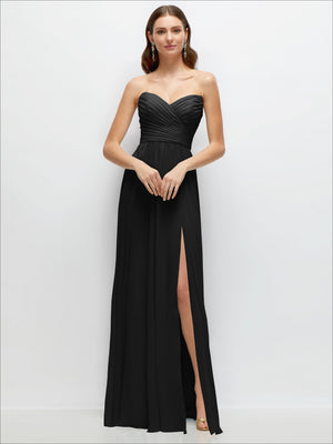 Black strapless pleated chiffon maxi dress with gathered sweetheart bodice and slit