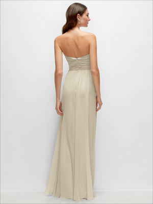 Ivory strapless chiffon maxi dress with ruched surplice bodice and slit