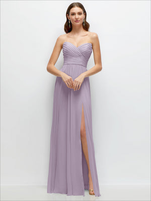 Strapless pleated surplice chiffon maxi dress in lavender with A-line skirt and side slit