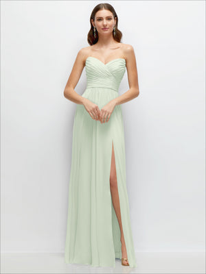 Mint green strapless chiffon maxi dress with pleated bodice and leg slit