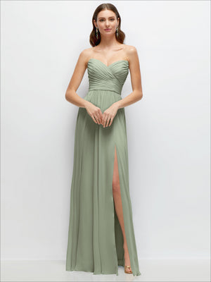 Sage green strapless chiffon maxi dress, pleated sweetheart bodice and side slit