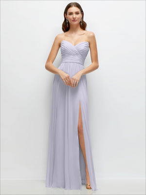 Lavender strapless pleated chiffon maxi dress with gathered bodice and thigh-high slit