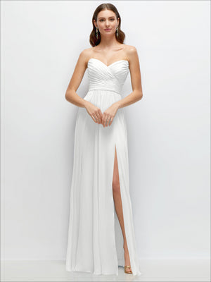 Ivory strapless pleated chiffon maxi dress with sweetheart neckline and front thigh slit
