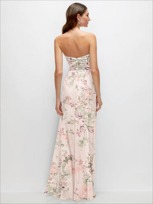 Blush pink floral strapless chiffon maxi dress with pleated A-line skirt and slit