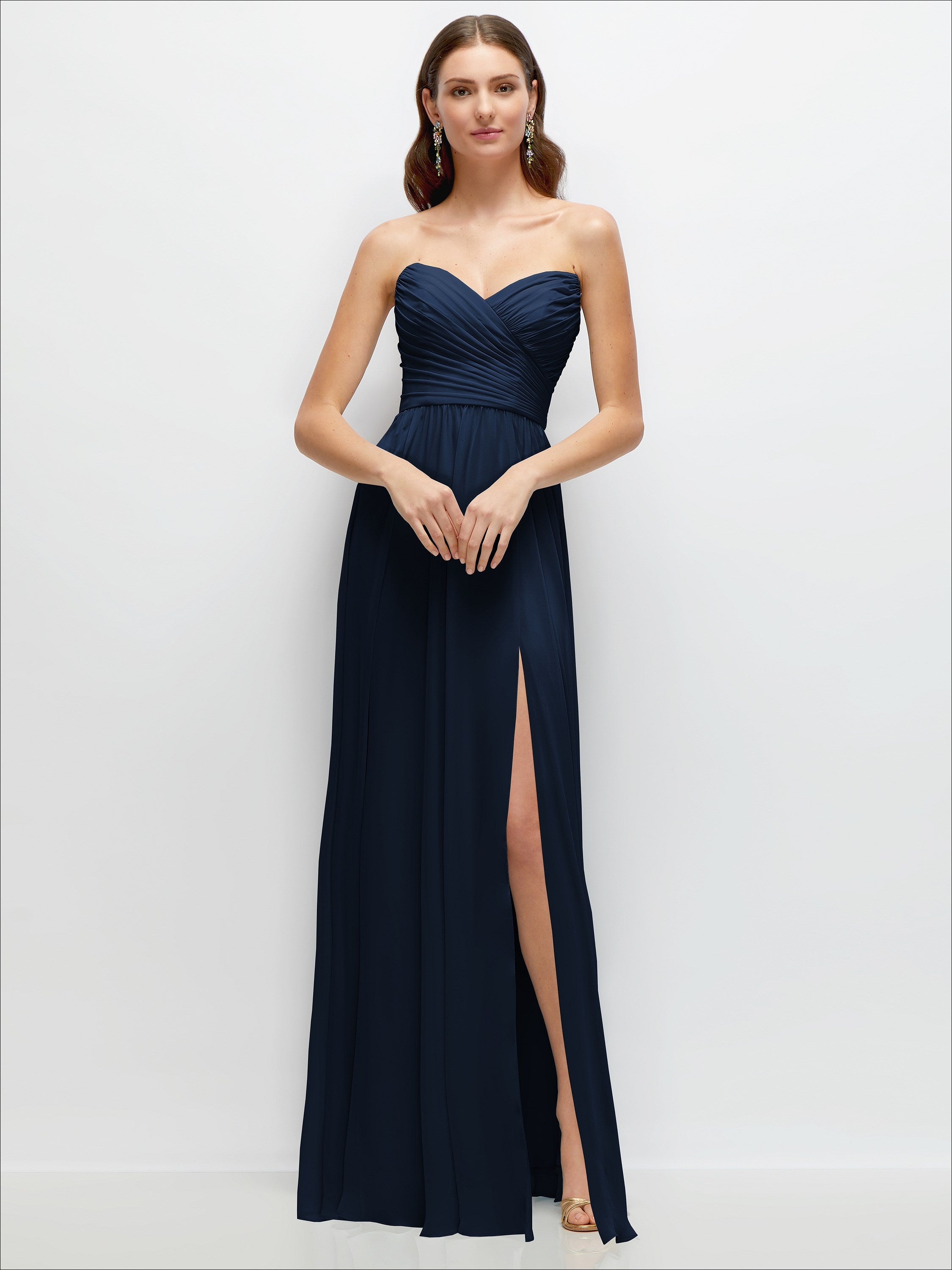 long strapless chiffon dress with pleated bodice Surplice Maxi A-Line Skirt adorned with rosettes at Color:Twigs Green Bridesmaid dress British Classic Kensie Women's Short-Sleeve V-Neck