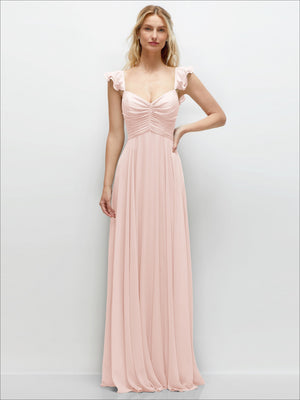 Blush pink chiffon maxi dress with ruffle shoulder straps and draped ruched bodice