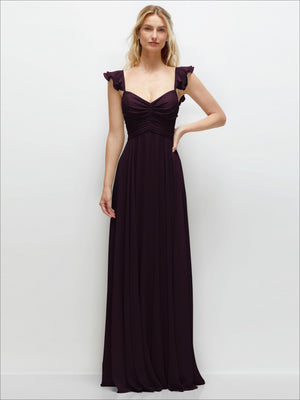 Deep plum chiffon maxi dress with off-shoulder ruffle sleeves and ruched sweetheart bodice
