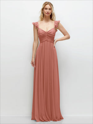 Rose-pink convertible ruffle-strap chiffon maxi dress with twist-front bodice and cap ruffles