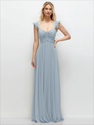 Convertible ruffle-strap chiffon maxi dress in light blue, off-shoulder sweetheart neckline