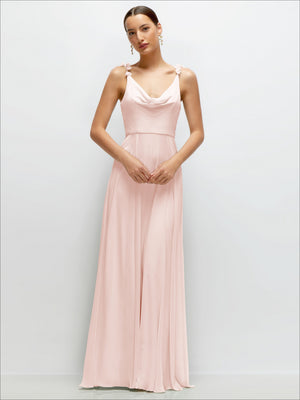 Blush pink chiffon cowl-neck maxi dress with draped cowl and slim spaghetti straps