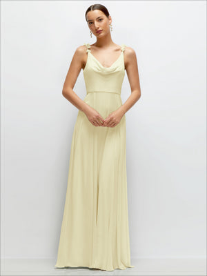 Light yellow chiffon maxi dress with cowl neckline, spaghetti straps, and gathered waist