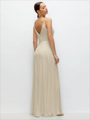 Cream cowl-neck chiffon maxi dress with open back and petal-style straps