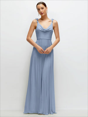 Cowl-neck chiffon maxi dress in light blue with draped neckline and petal strap details