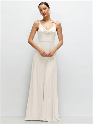 Cowl neck chiffon maxi dress with petal straps, white draped bodice and flowing skirt
