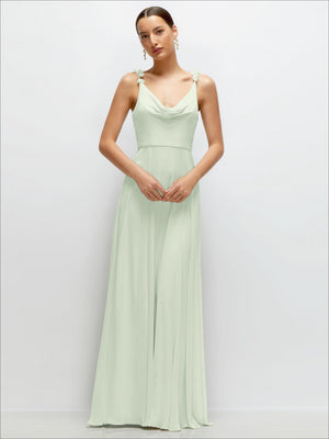 Cowl-neck chiffon maxi dress in pale teal-green with draped cowl front and thin straps