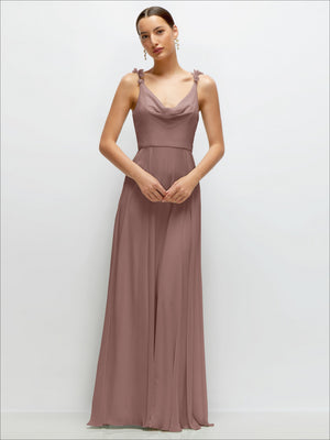 Mauve cowl-neck chiffon maxi dress with draped cowl neckline and slim straps