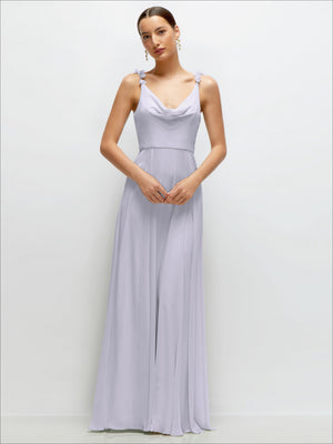 Cowl neck chiffon maxi dress with petal straps, lilac color, cowl neckline and long skirt drape