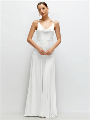 Cowl neck chiffon maxi dress with petal straps, white, fitted waist, soft drape down skirt