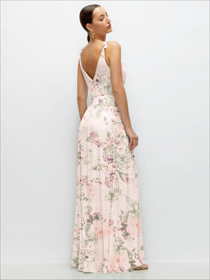 Blush floral chiffon maxi dress with V-back and thin shoulder straps