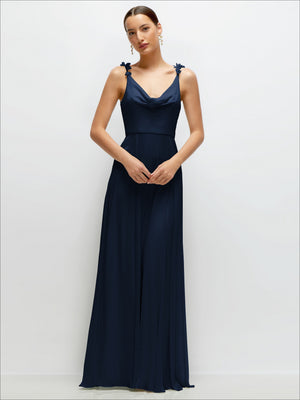 Navy cowl neck chiffon maxi dress with hand-worked petal straps, sleeveless bodice