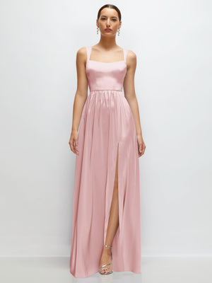 Ballet pink satin maxi dress with portrait neckline, thin straps, gathered waist, front slit