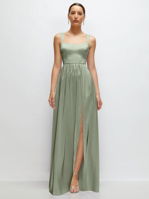 Sage satin maxi dress with portrait neckline, thin straps, gathered waist, front slit