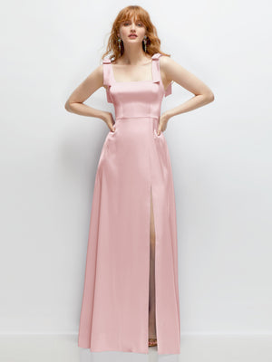 Ballet pink square-neck satin maxi dress with bow straps and side slit