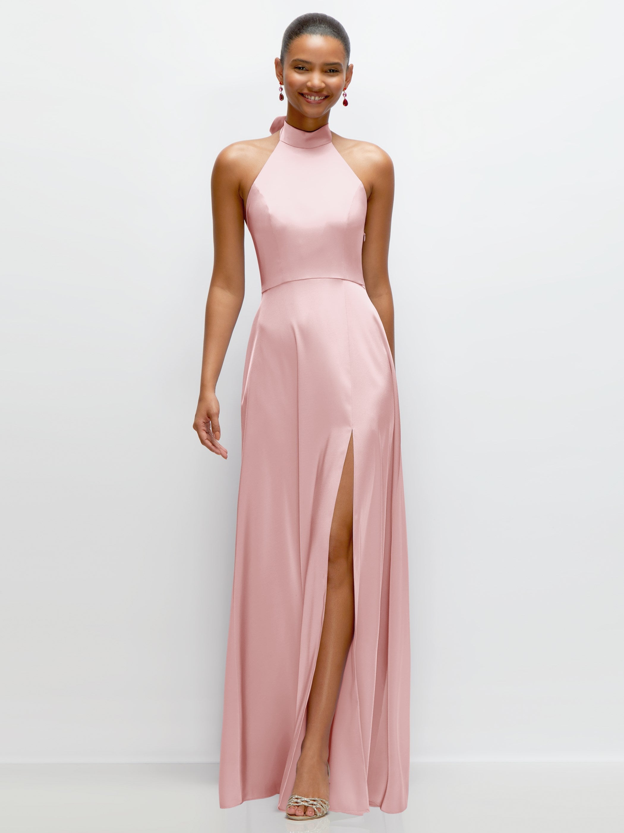 modified halter neckline dress Band Collar Open Back Fluid Satin Maxi with Self-Tie Bow green leather shoes