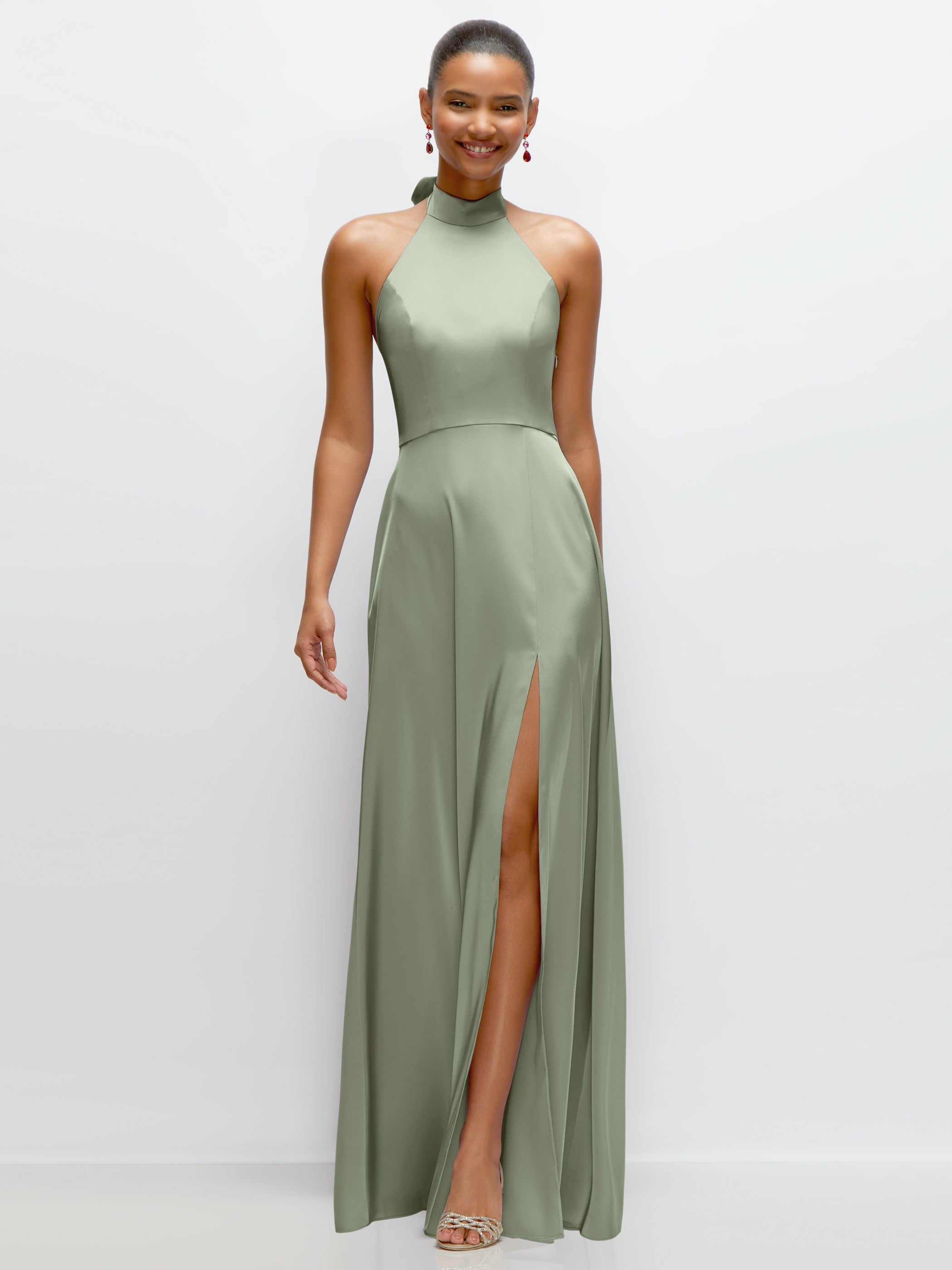 vintage tied stand collar long sleeve pleated black chiffon dress Band Halter Open Back Fluid Satin Maxi with Self-Tie Bow Long Bridesmaid Dresses | blazier you can tie it color:White