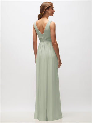 Sage green sleeveless maxi dress with V-back and front slit