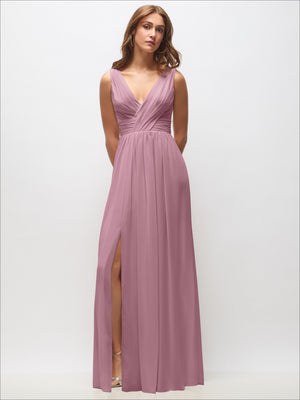 Sleeveless draped chiffon maxi dress with V-neck bodice and front slit, mauve/pink