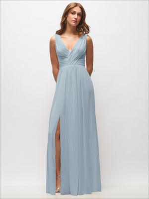 Sleeveless draped chiffon maxi dress in powder blue with V-neck and front slit