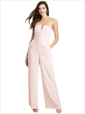 Strapless crepe jumpsuit with notched neckline, light blush wide-leg silhouette