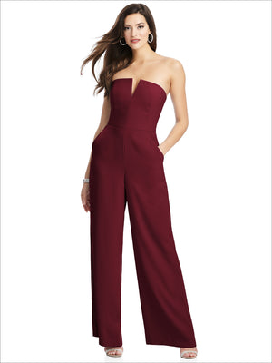 Strapless crepe jumpsuit, burgundy, notch neckline, wide-leg pants
