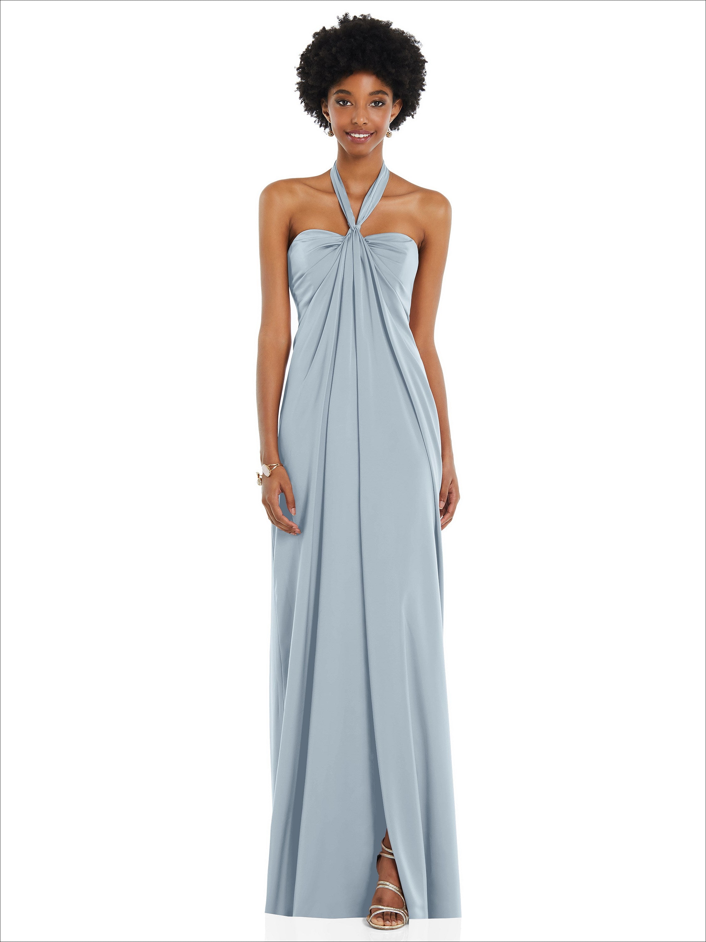 grecian draped halter maxi dress Satin Column Gown with Convertible Straps Light Pink Print