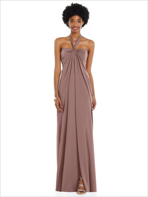 Dusty rose satin halter column gown, gathered drape at neckline