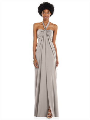 Draped satin Grecian column gown in light gray, halter drape neckline